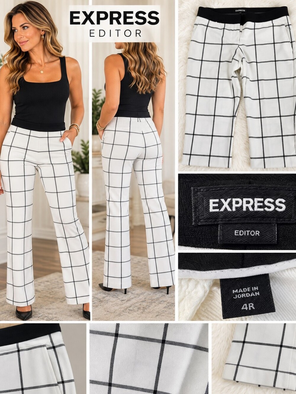 Express Women's White Grid-Print Straight Leg Dress Pants